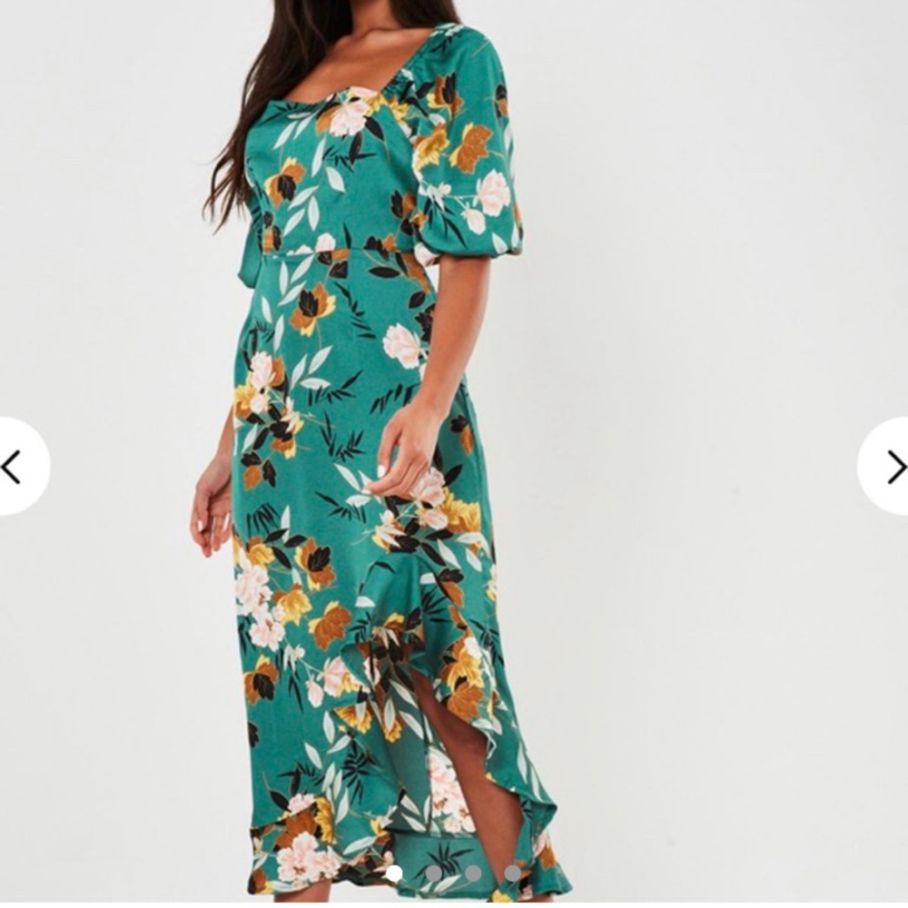 Missguided Green Floral Print Ruffle Midi Dress